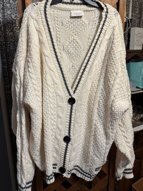 Taylor Swift Cozy Cream Cable Knit Cardigan with Contrast Trim